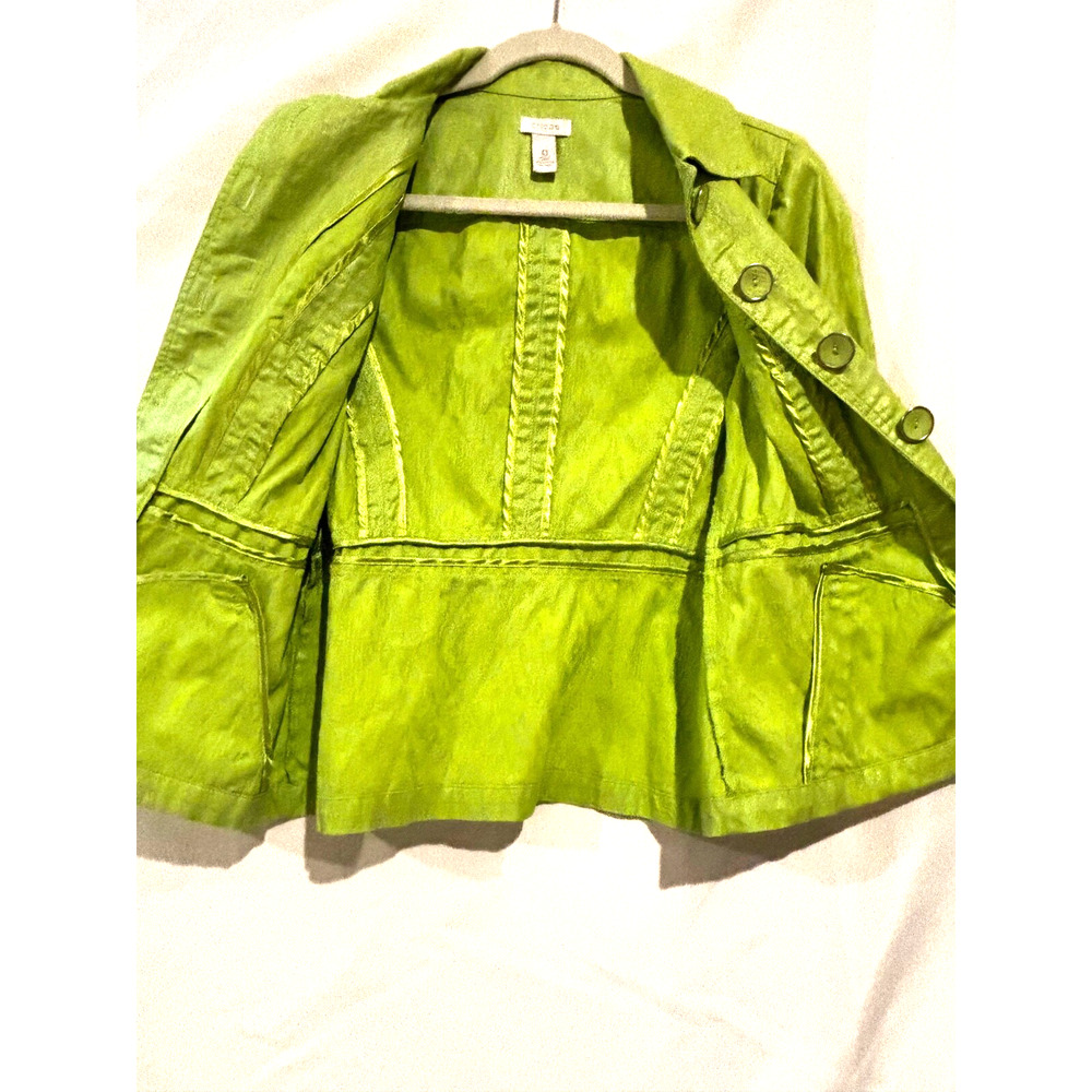 Chico's Chartreuse green Cotton Jacquard blazer Jacket Sz 0 S Coastal travel - Picture 2 of 9